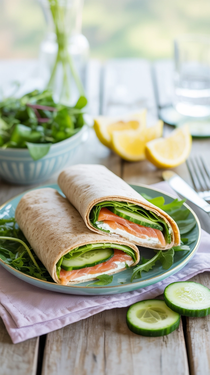 Smoked salmon and cucumber lunch wraps.