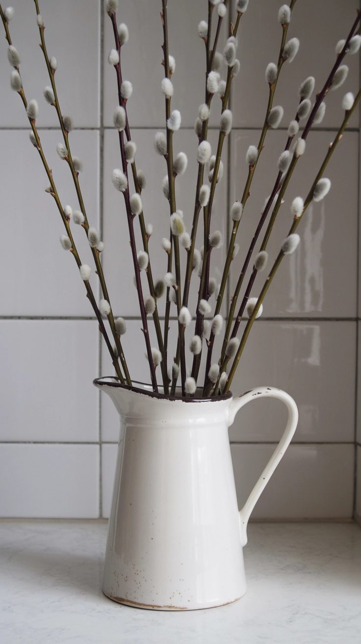 A white ceramic pitcher filled with soft, fuzzy pussy willow branches on a kitchen countertop.