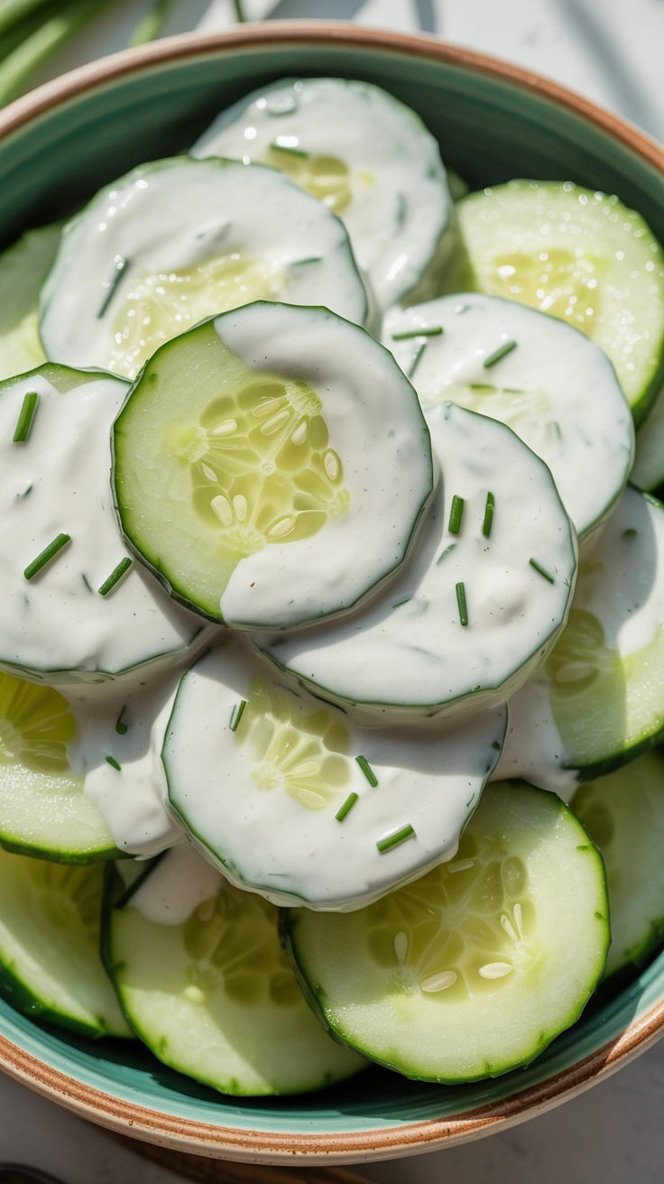 Creamy cucumber salad with fresh chives.