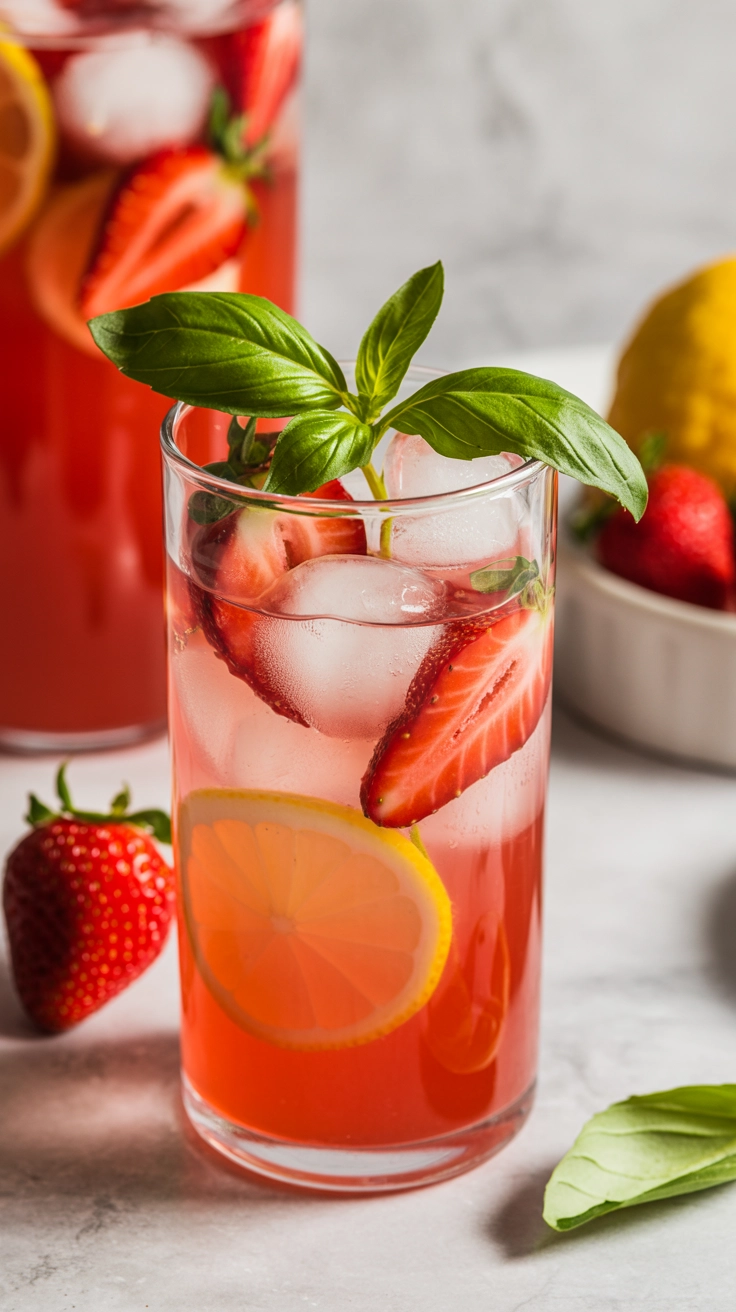 10 Refreshing Spring Drink Recipes Everyone Will Love 2 A refreshing pink lemonade garnished with basil and strawberries.