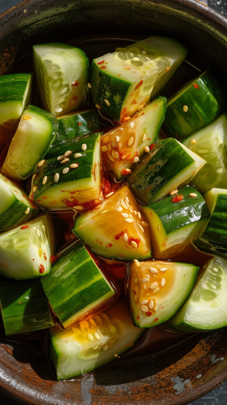 Spicy smashed cucumber salad with chili oil and sesame seeds.