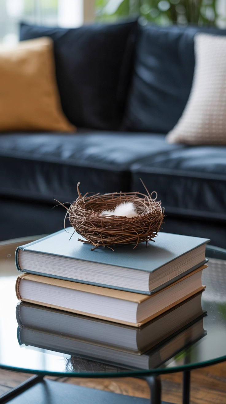 A stack of three books wrapped in pale blue paper, topped with a small bird's nest.
