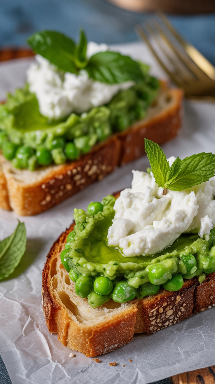 Spring pea and mint smash on sourdough toast with ricotta.