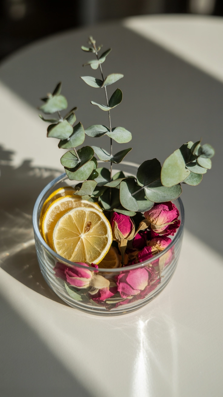 A crystal bowl filled with dried citrus slices, rose petals, and green leaves in soft sunlight.