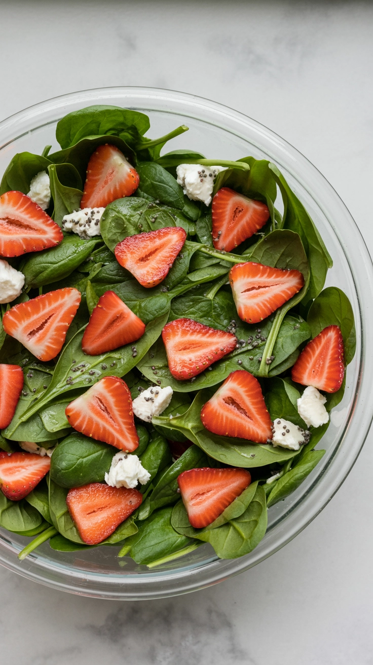 Fresh spinach salad with strawberries and poppyseed dressing.