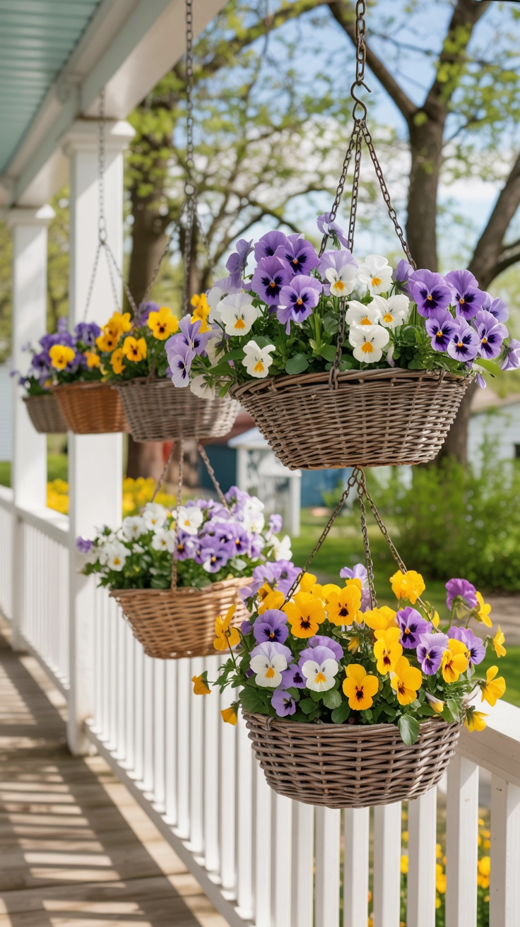 11 Container Gardening Ideas for Spring You Can Do Anywhere 8 A hanging basket filled with bright spring pansies.