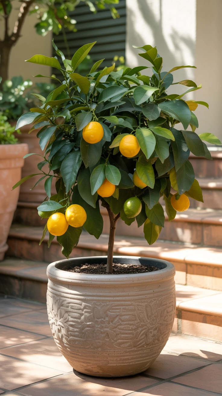 11 Container Gardening Ideas for Spring You Can Do Anywhere 7 A small citrus tree with yellow lemons growing in a large pot.