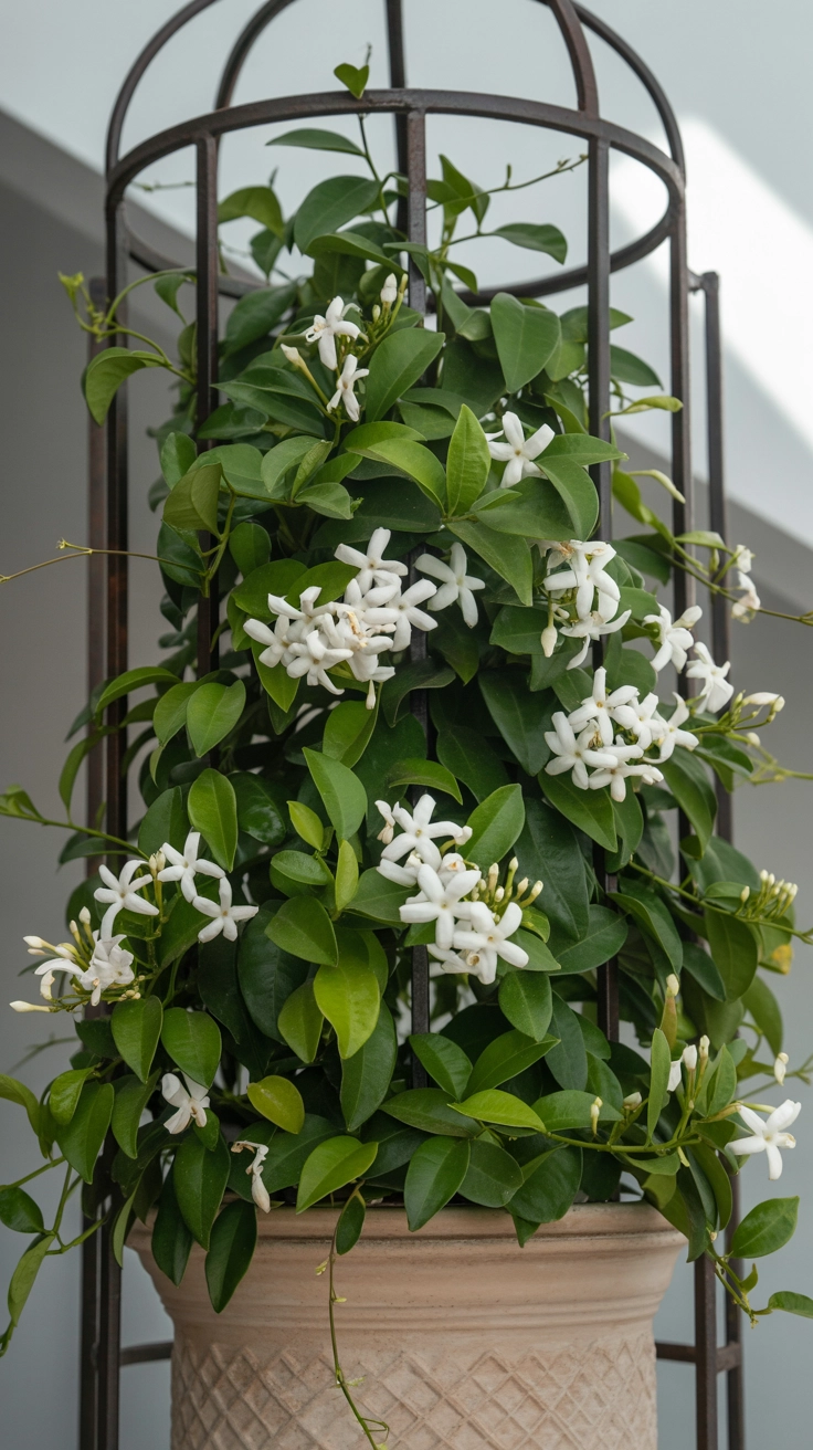 11 Container Gardening Ideas for Spring You Can Do Anywhere 6 White jasmine flowers climbing a pyramid trellis in a pot.