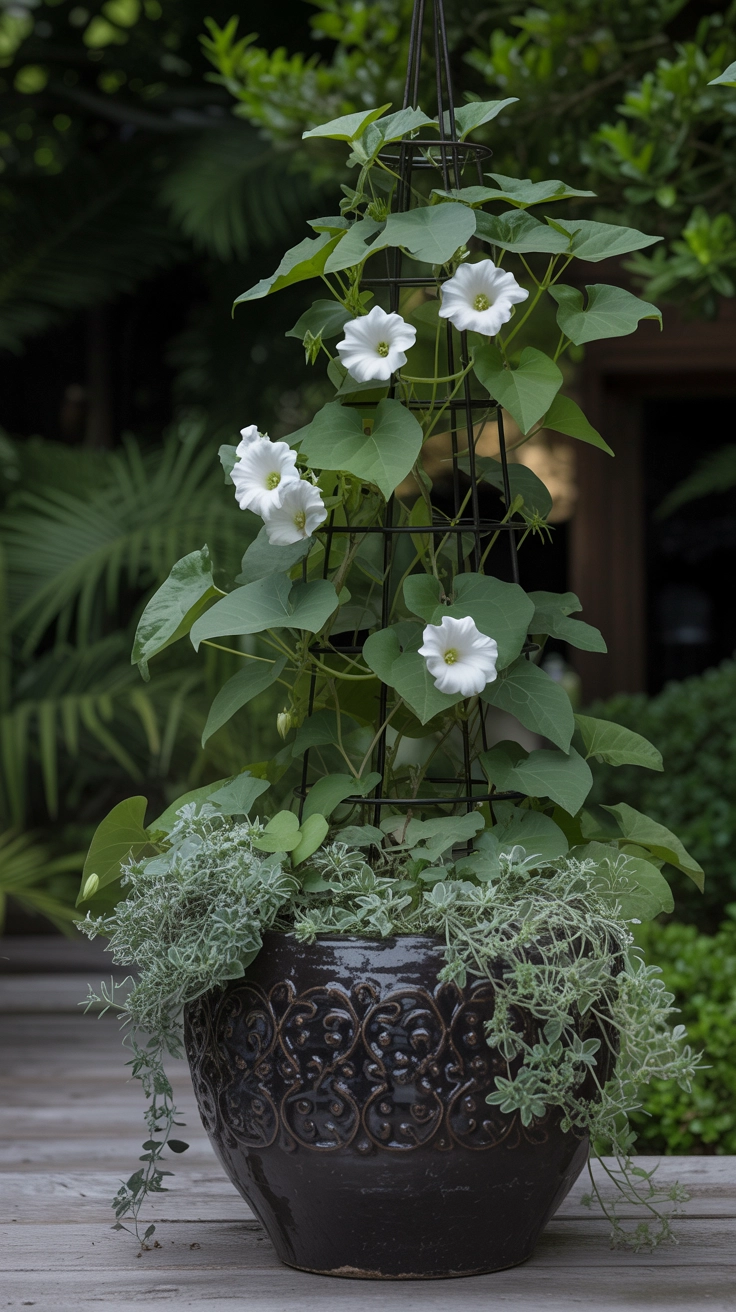 11 Container Gardening Ideas for Spring You Can Do Anywhere 12 A dark ceramic pot with a moonflower vine on a trellis and silver dichondra trailing over the edges at dusk.