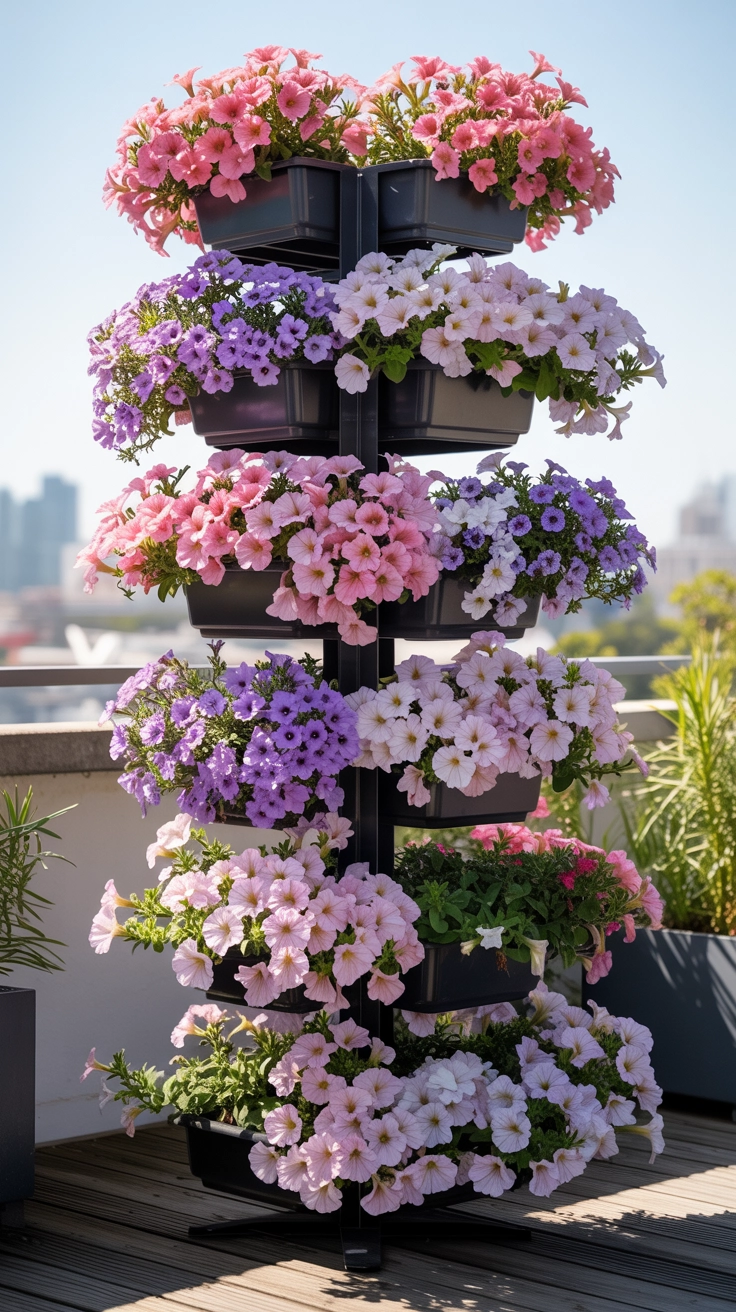 11 Container Gardening Ideas for Spring You Can Do Anywhere 3 A tall vertical planter filled with vibrant pink and purple flowers.