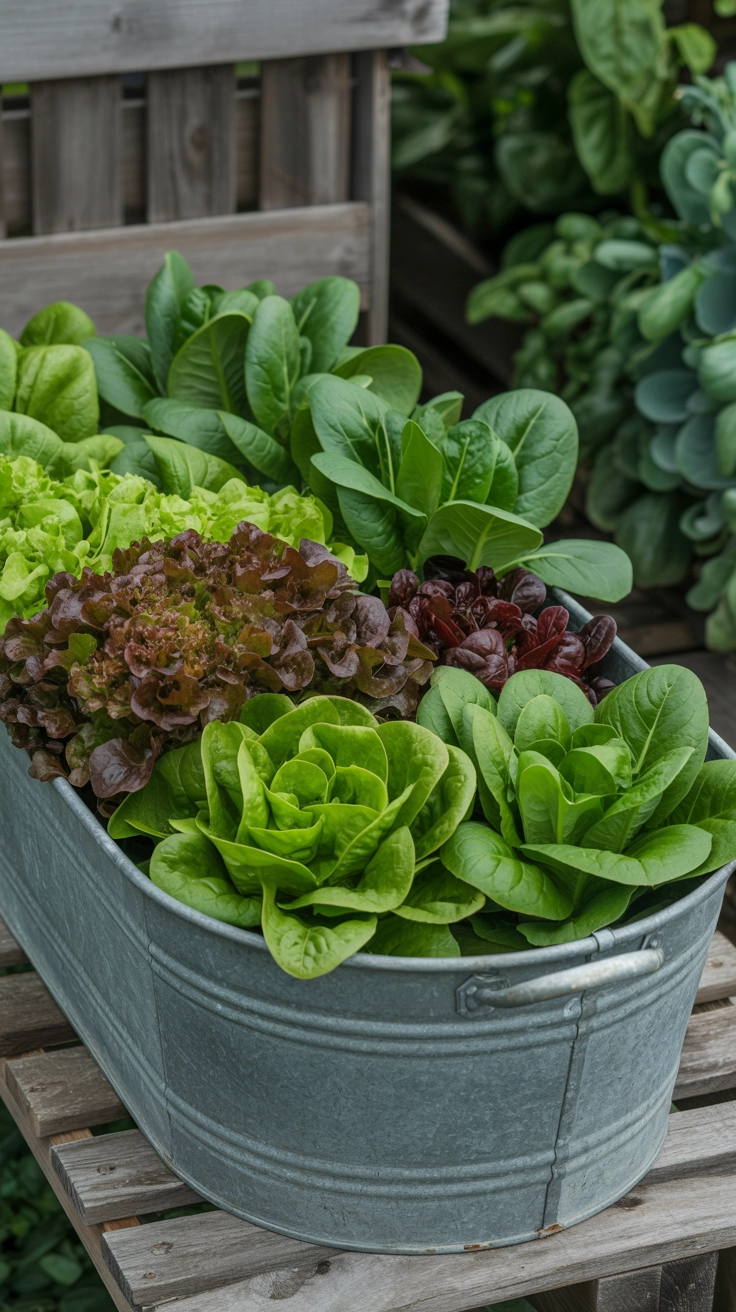 11 Container Gardening Ideas for Spring You Can Do Anywhere 5 A metal tub used as a container for growing fresh lettuce and spinach.
