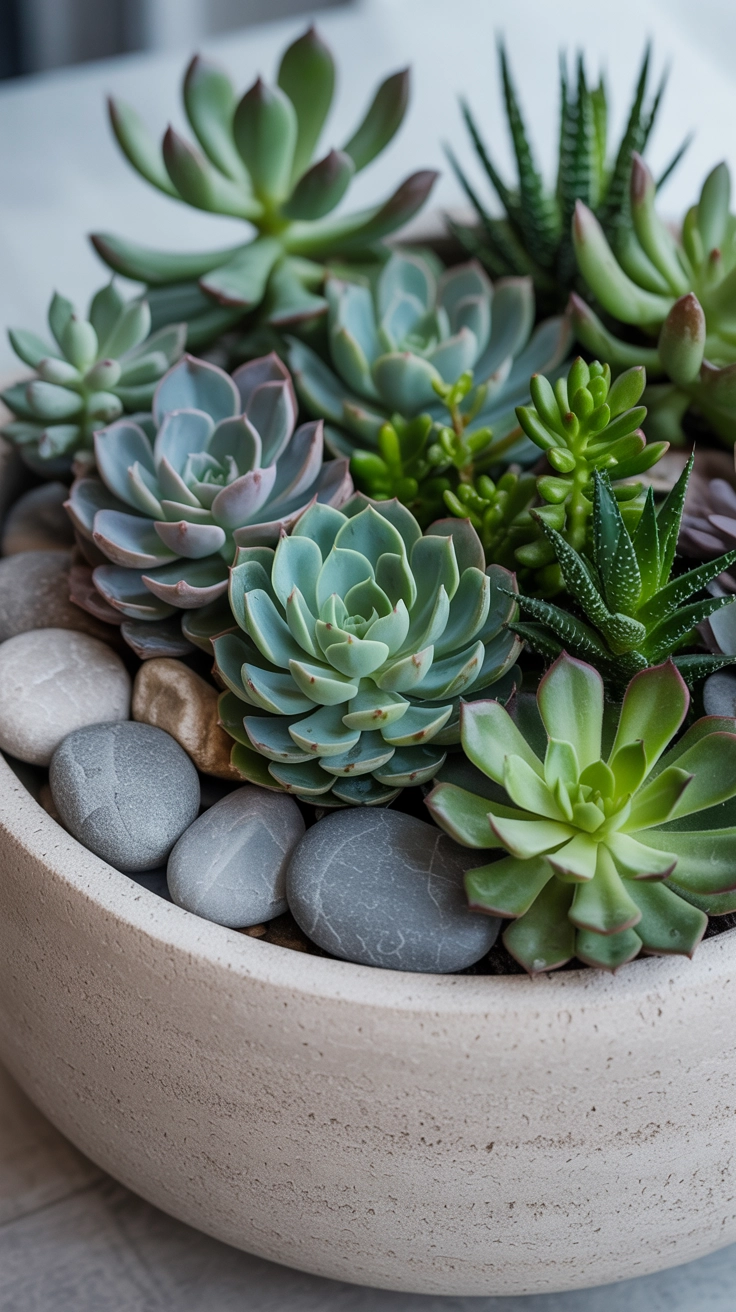 11 Container Gardening Ideas for Spring You Can Do Anywhere 4 A modern stone bowl filled with architectural succulents and pebbles.
