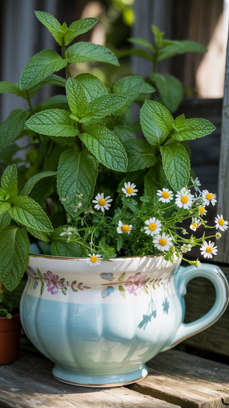 11 Container Gardening Ideas for Spring You Can Do Anywhere 11 A whimsical oversized ceramic teacup planted with green mint and delicate white chamomile flowers.