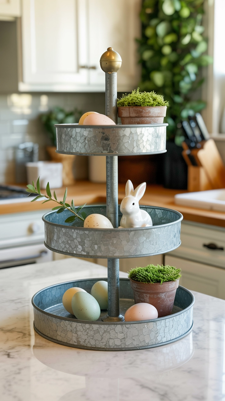 A three-tiered metal stand filled with small mossy pots, tiny bunny figurines, and pastel eggs.