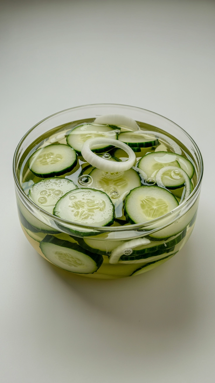 Traditional vinegar and sugar cucumber salad in a glass bowl.