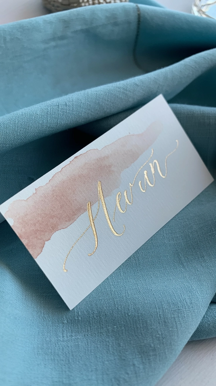 Small white cards with a soft pink watercolor wash and names written in gold ink on a table.