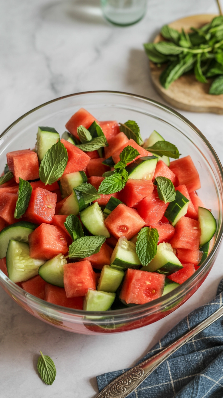 Refreshing watermelon and cucumber salad with fresh mint.