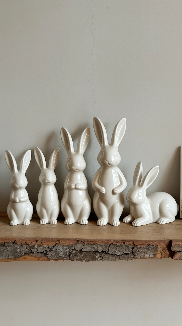 A collection of various white ceramic bunny statues arranged neatly on a wooden floating shelf.