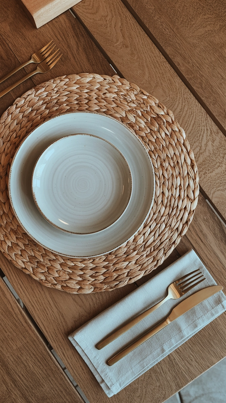 Round woven jute placemats on a dining table paired with white plates and gold flatware.