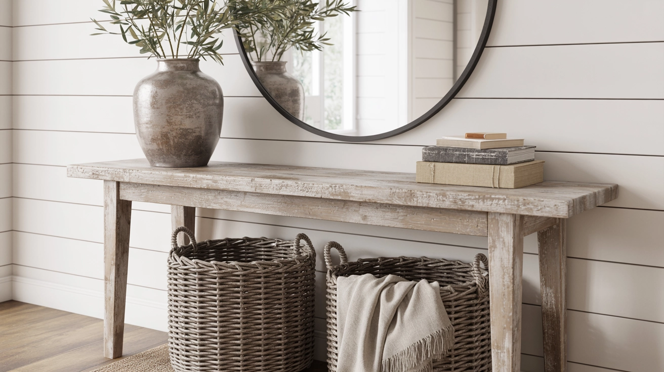 Vintage Entryway Table with a long weathered reclaimed wood console table against a white shiplap wall