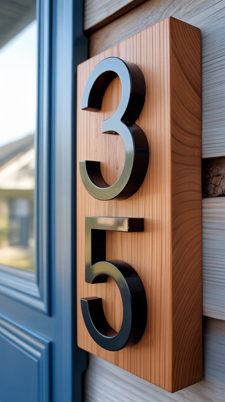 21 Best Front Yard Landscaping Ideas for a Beautiful Home 15 Large black modern metal house numbers mounted on a cedar wood plaque next to a front door.