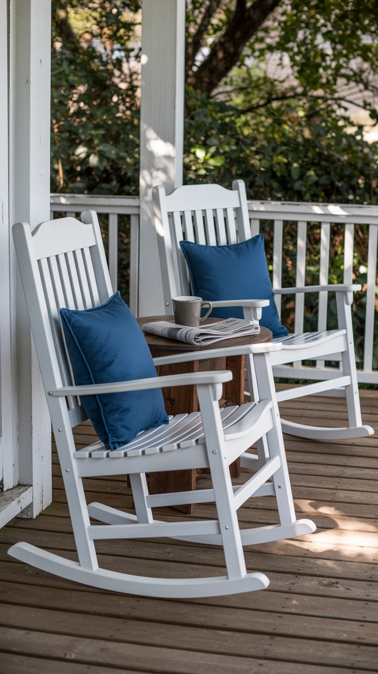 21 Best Front Yard Landscaping Ideas for a Beautiful Home 10 Two white wooden rocking chairs on a front porch with blue outdoor pillows and a small side table.