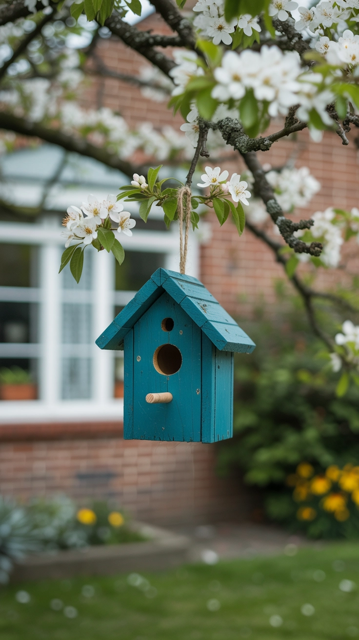 21 Best Front Yard Landscaping Ideas for a Beautiful Home 21 A small teal wooden birdhouse hanging from the branch of a flowering cherry tree in a front garden.