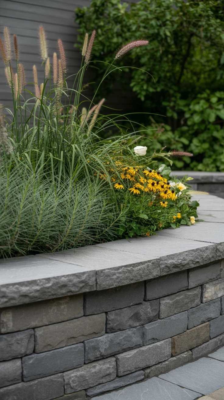 21 Best Front Yard Landscaping Ideas for a Beautiful Home 4 A low retaining wall built with grey stacked stones holding up a raised garden bed filled with ornamental grasses and yellow flowers.