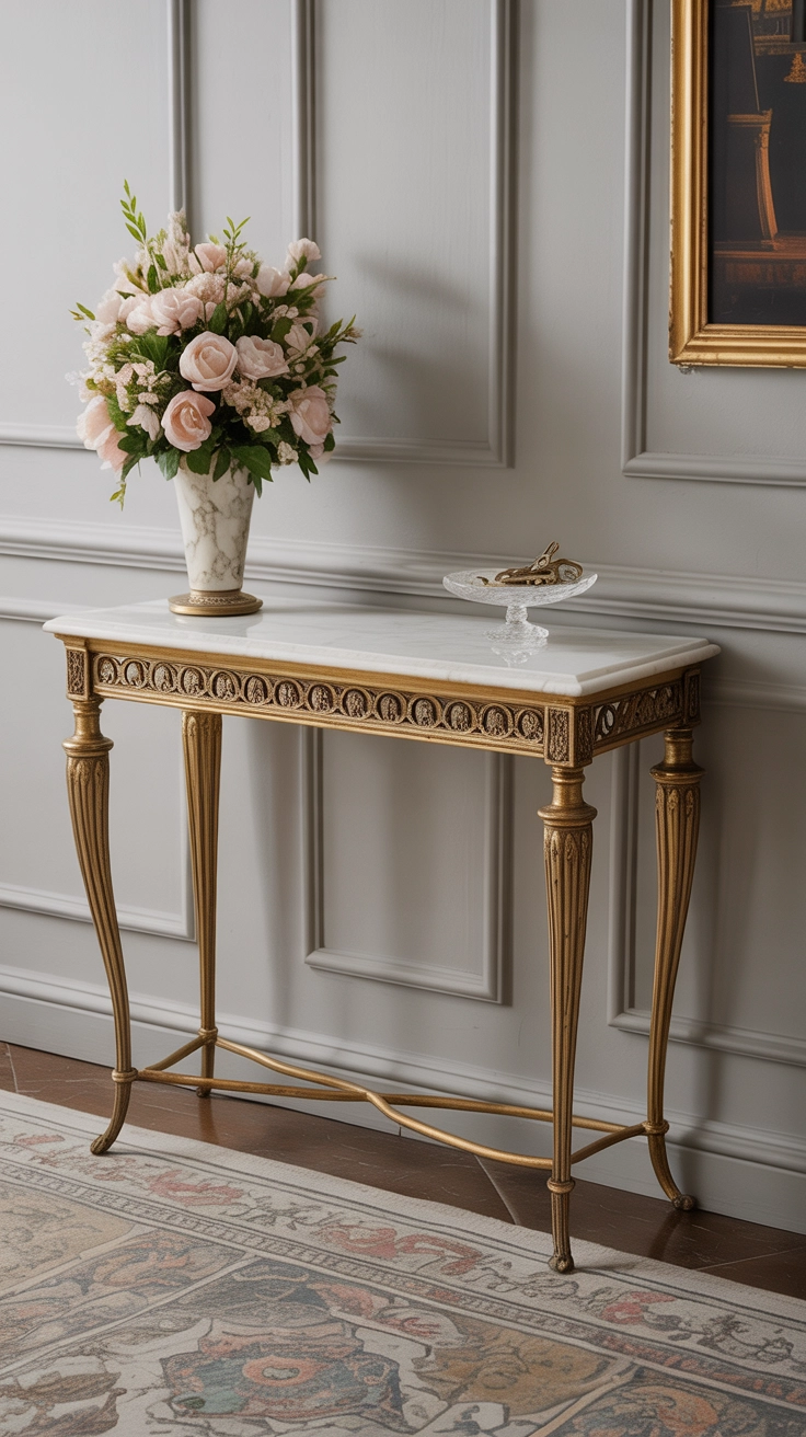 An elegant gold-painted vintage table with a marble top.