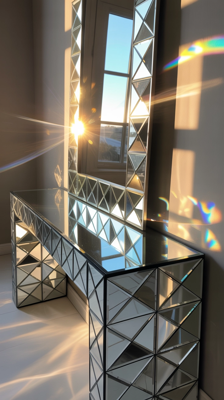 A shiny mirrored console table with a geometric design.