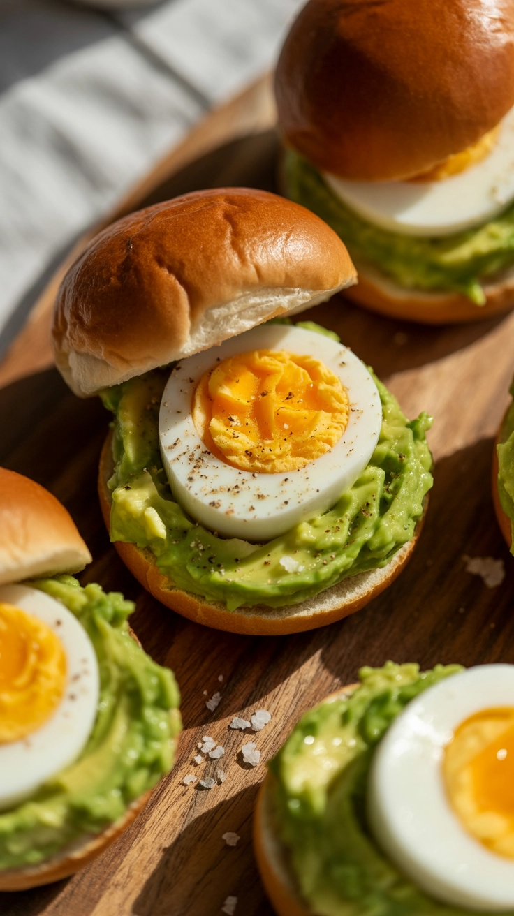 Healthy sliders with mashed avocado and sliced eggs.