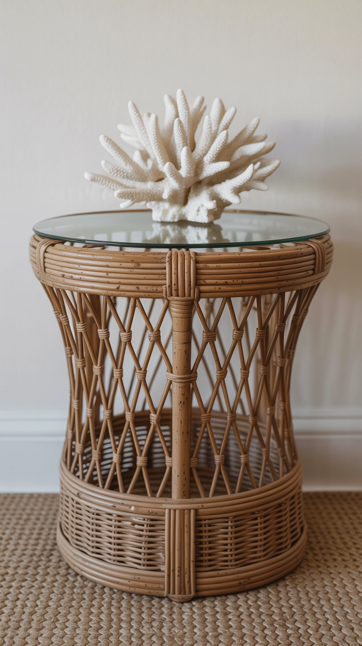 A woven rattan table with a coastal beach theme.
