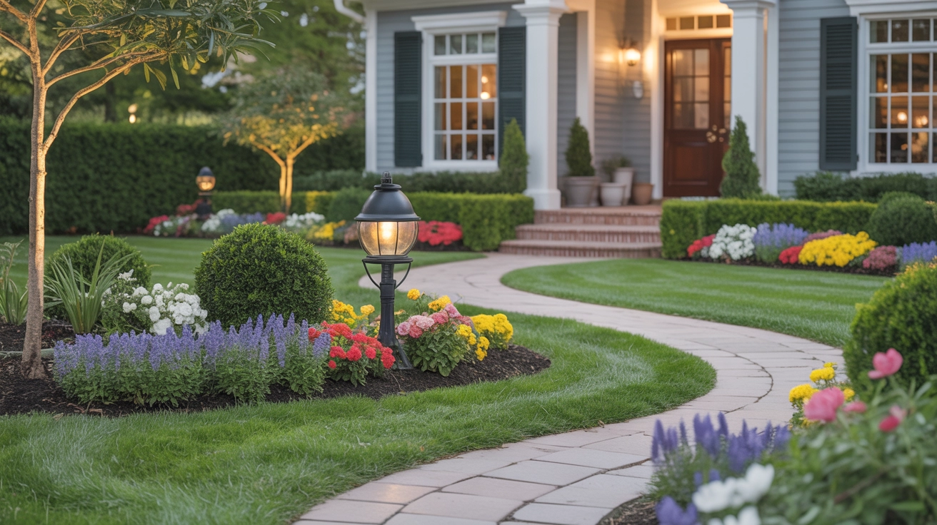 21 Best Front Yard Landscaping Ideas for a Beautiful Home 1 Colorful front yard with manicured lawn, decorative pathways, trimmed shrubs, and vibrant flowers showcasing landscaping ideas.