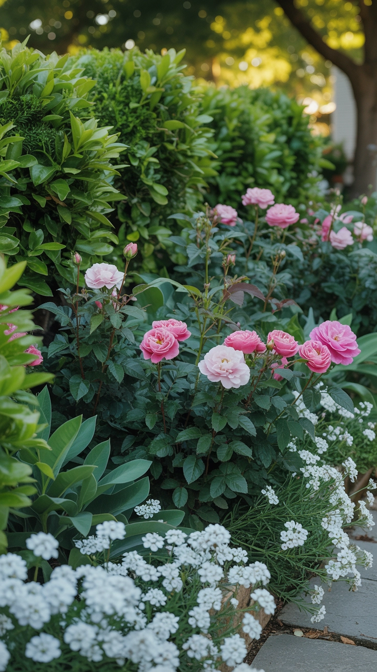 21 Best Front Yard Landscaping Ideas for a Beautiful Home 3 A garden bed with tall green shrubs in the back, medium pink flowers in the middle, and short white flowers along the front edge.