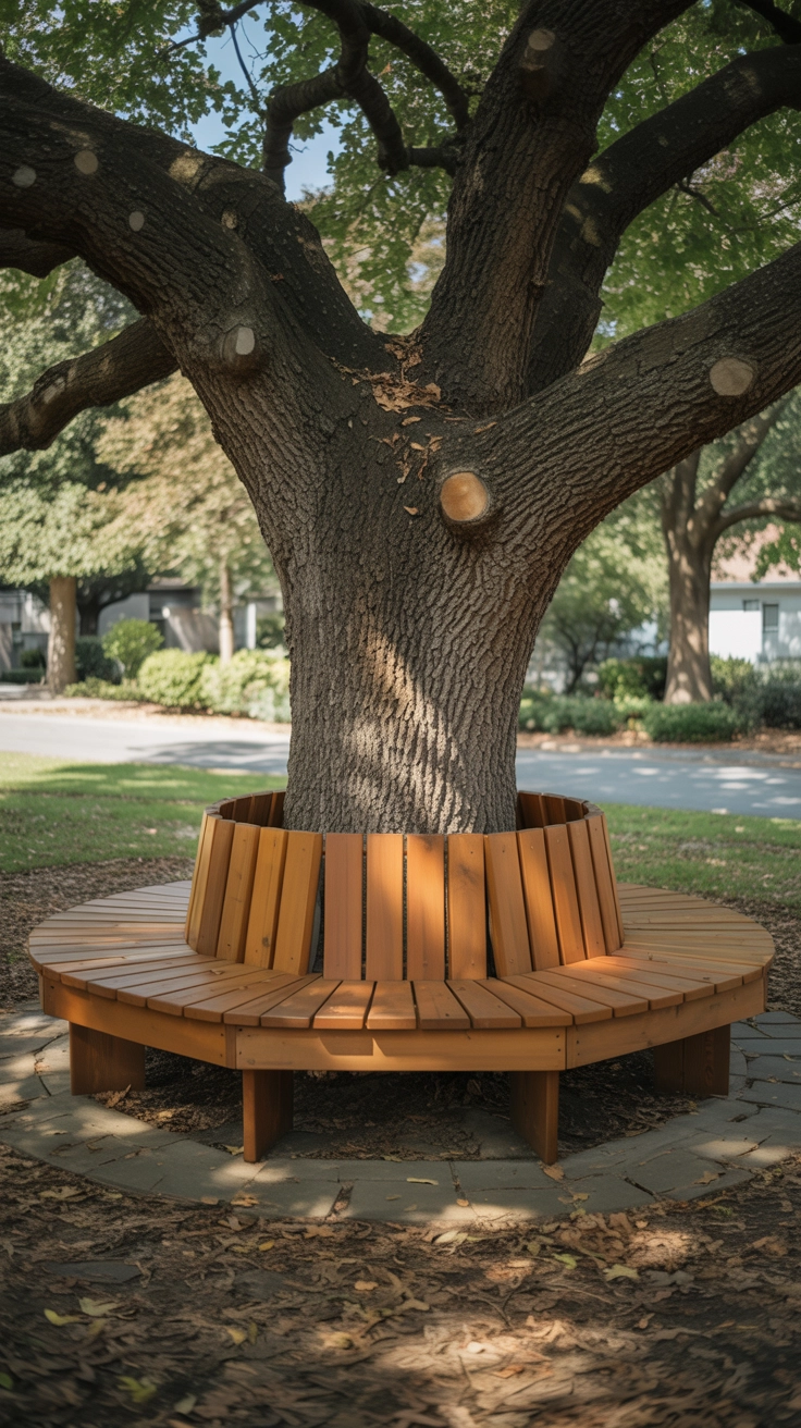 21 Best Front Yard Landscaping Ideas for a Beautiful Home 19 A circular wooden bench built around the base of a large oak tree in a shaded front yard.