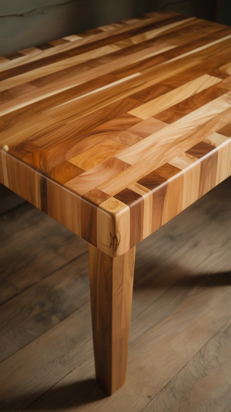 A solid wood butcher block table in an entryway.