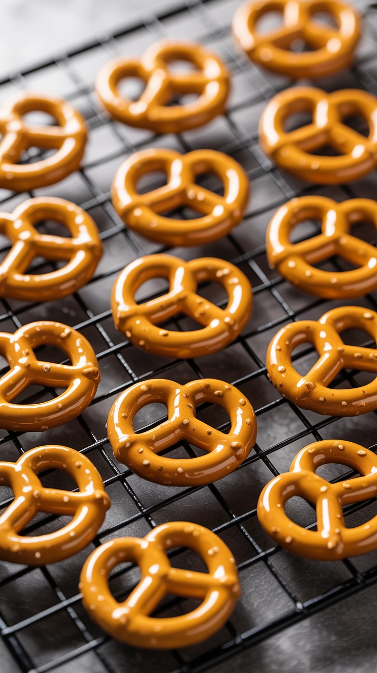 Shiny butterscotch and pretzel cookies on a wire rack.