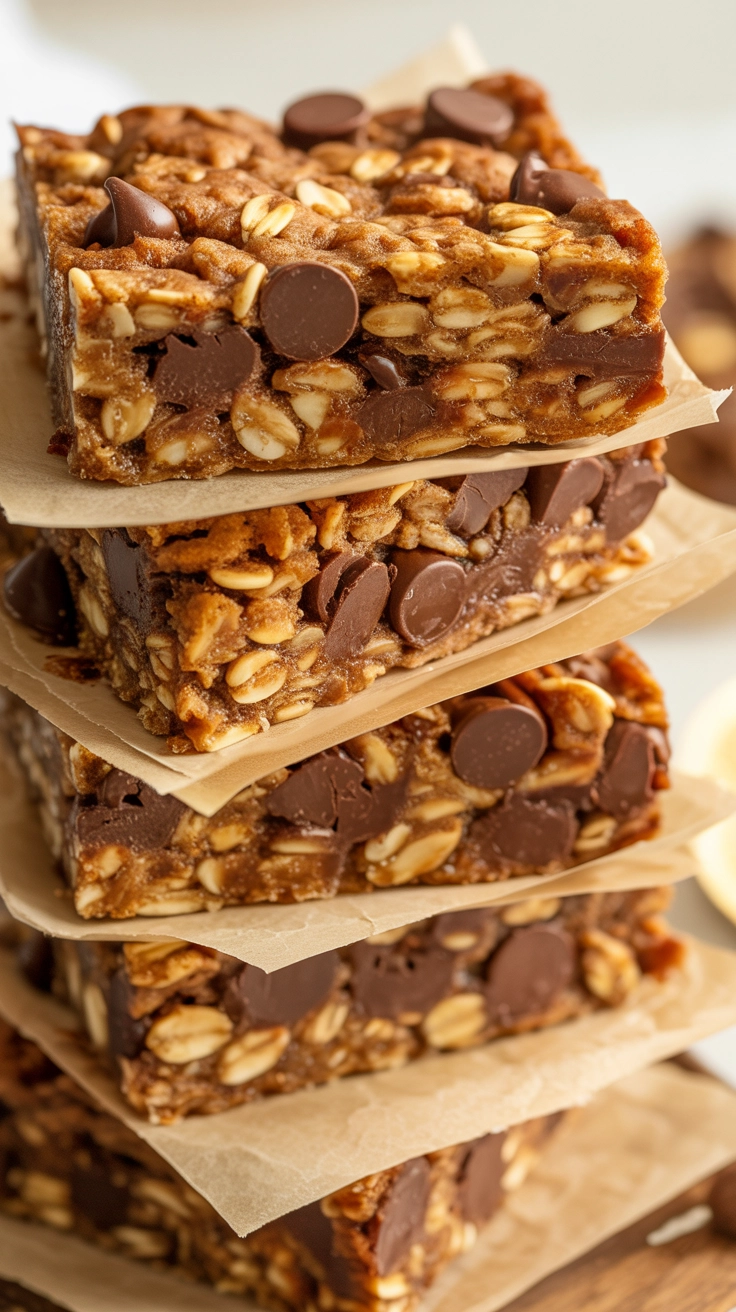 Homemade granola bars with chocolate chips and oats.