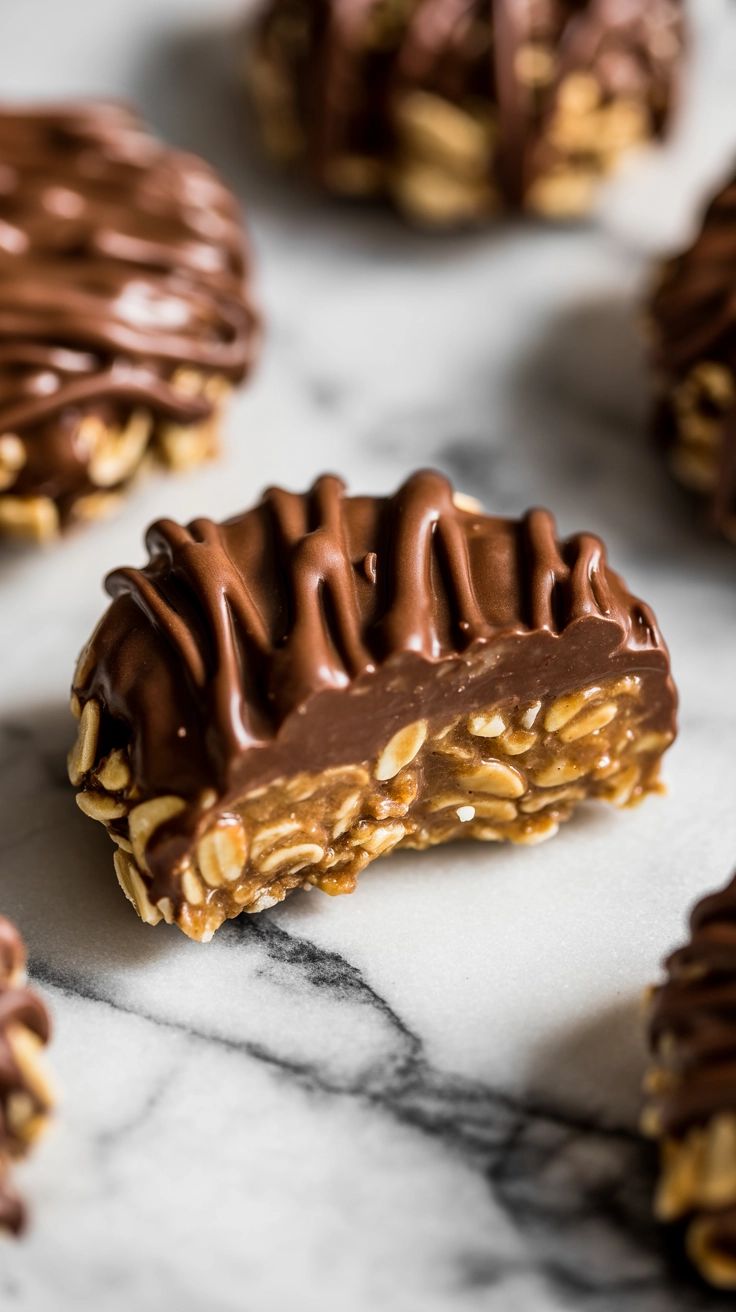 Close-up of a chewy chocolate peanut butter no-bake cookie with visible oats.
