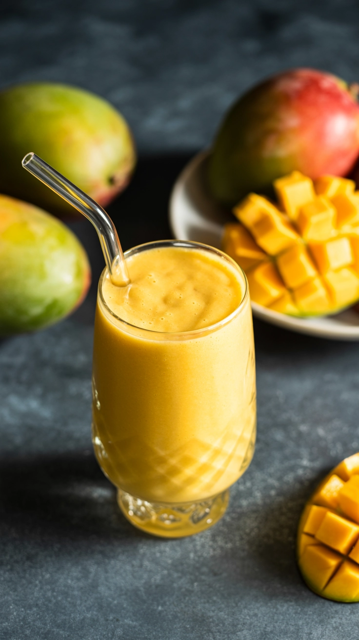 A thick yellow mango smoothie with fresh fruit on the side.