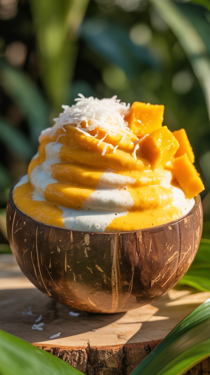 A creamy mango smoothie served in a coconut shell.