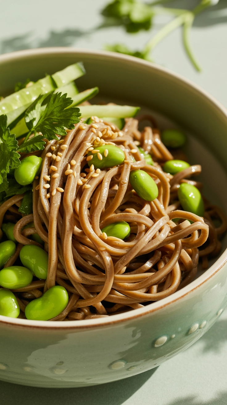 A refreshing cold noodle dish with edamame and sesame.