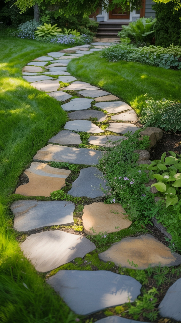 21 Best Front Yard Landscaping Ideas for a Beautiful Home 2 A winding natural flagstone walkway through a lush green lawn leading toward a house entrance with small green plants between the stones.