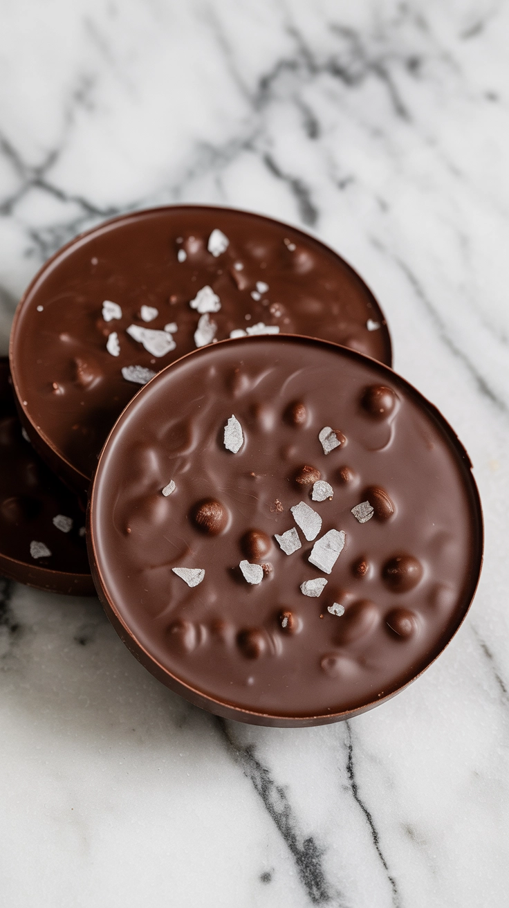 Dark chocolate and sea salt cookies on marble.