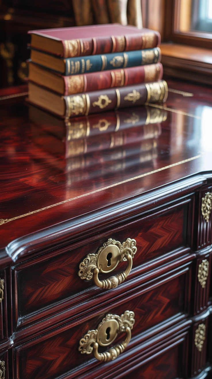 A polished dark wood mahogany table with brass handles.