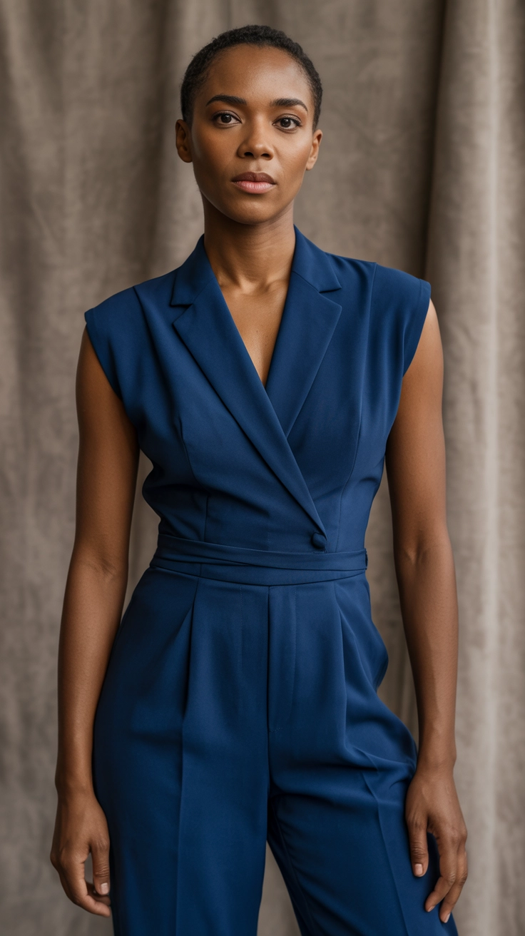 Date Night Outfit Ideas : A woman wearing a tailored navy blue jumpsuit with a cinched waist.