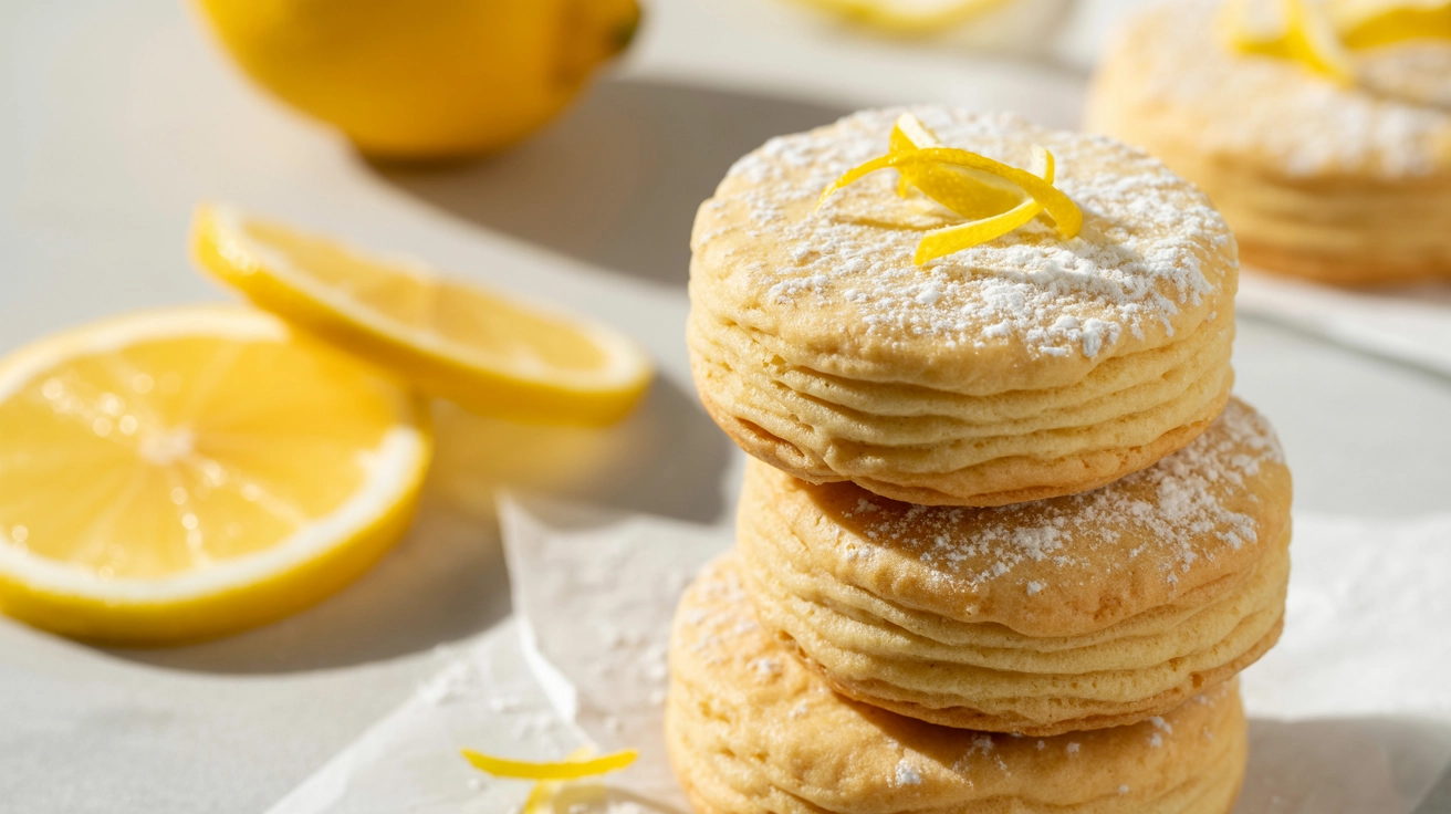 No Bake Cookies styled as lemon biscuit bites stacked with powdered sugar and lemon zest on a bright surface