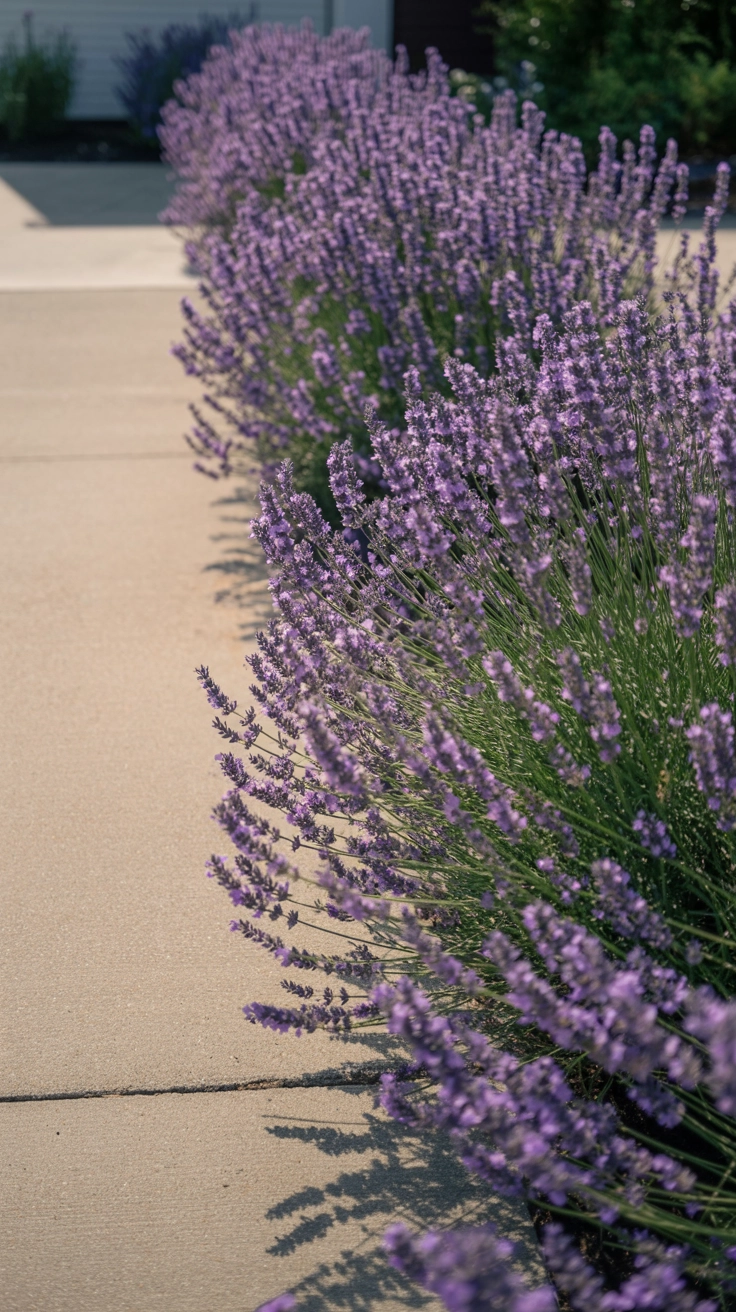 21 Best Front Yard Landscaping Ideas for a Beautiful Home 12 A row of purple lavender plants in full bloom lining the side of a concrete driveway.