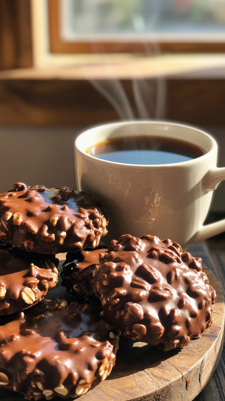 Coffee-flavored chocolate no-bake cookies.