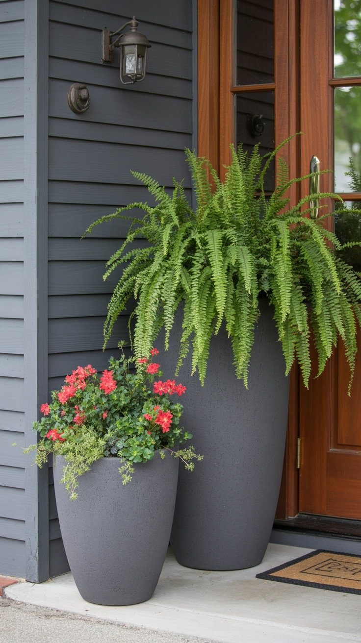21 Best Front Yard Landscaping Ideas for a Beautiful Home 5 Two tall charcoal grey ceramic planters sitting on a porch next to a wooden front door, filled with vibrant green ferns and red geraniums.